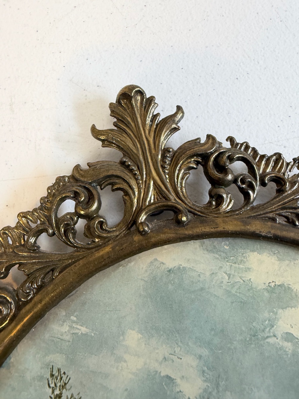 Vintage Convex Glass Landscape Art Ornate Metal Oval Frame Rococo Wall Decor - Picture 3 of 10